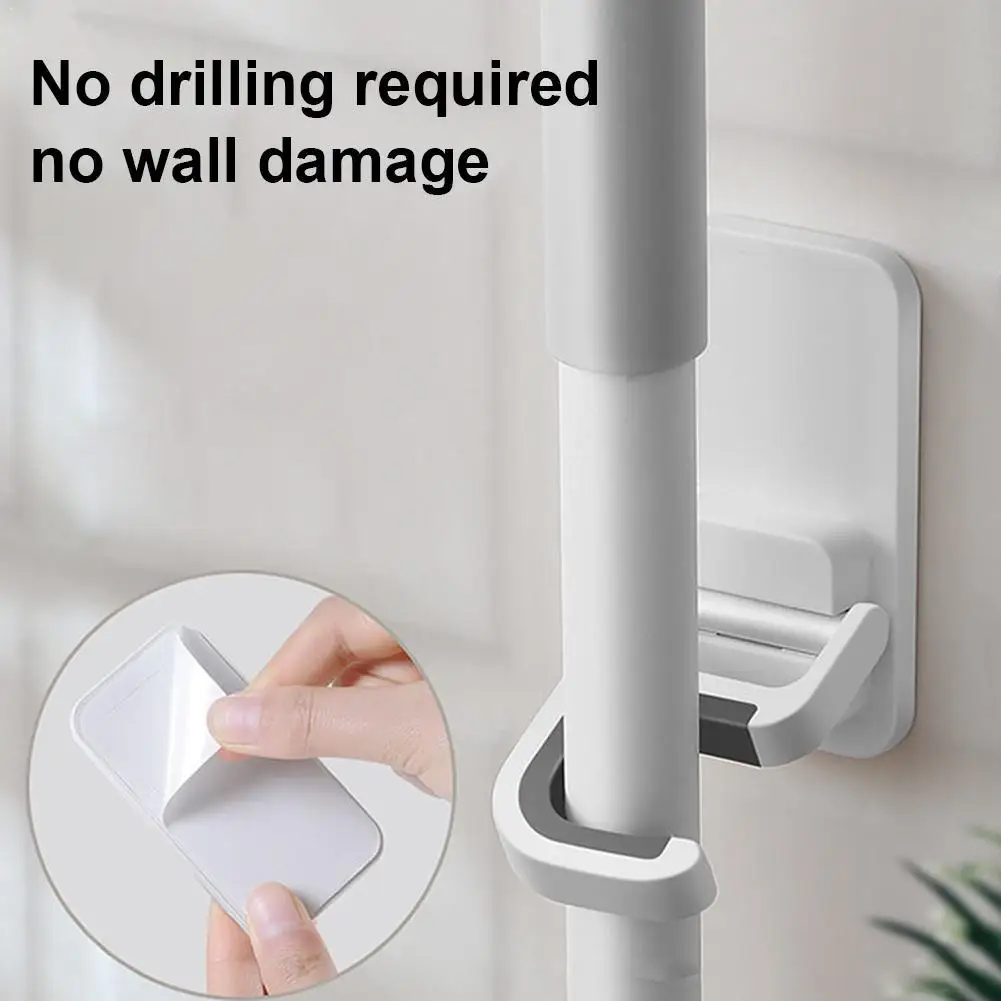 2pcs Wall Mount Broom Mop Holder Self Adhesive No Drilling Storage Rack Gravity Gripper Clip Hanger For Kitchen Bathroom