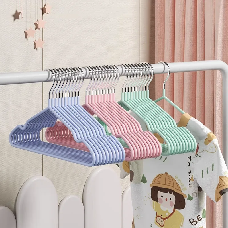 I KNOW 10PCS Child Baby PVC Household Hanger Korean Japan Hot Sale Blue Pink Green Purple Daily Metal Non-slip Coat Hanger 