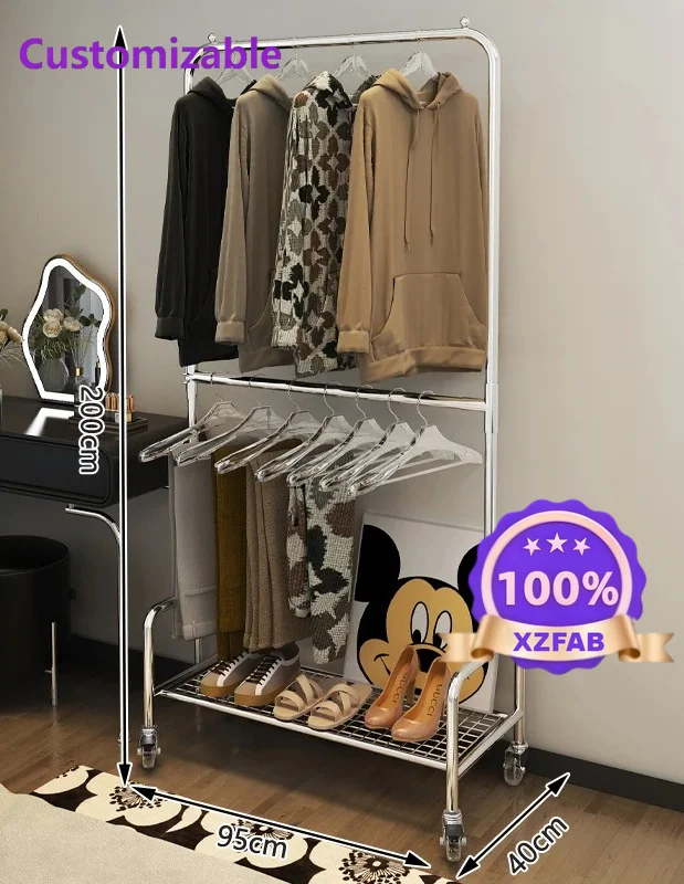 Factory Direct 2026 Double-decker clothing store display rack mobile floor hanger trouser rack two-in-one men's and women's clot