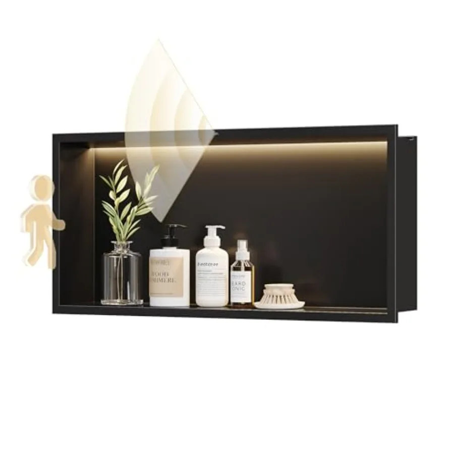 

Умная ниша для душа с датчиком движения, черная, 24x12, 3000K, встраиваемая, светодиодная, с теплой белой подсветкой 3000K, из нержавеющей стали, для ванной комнаты