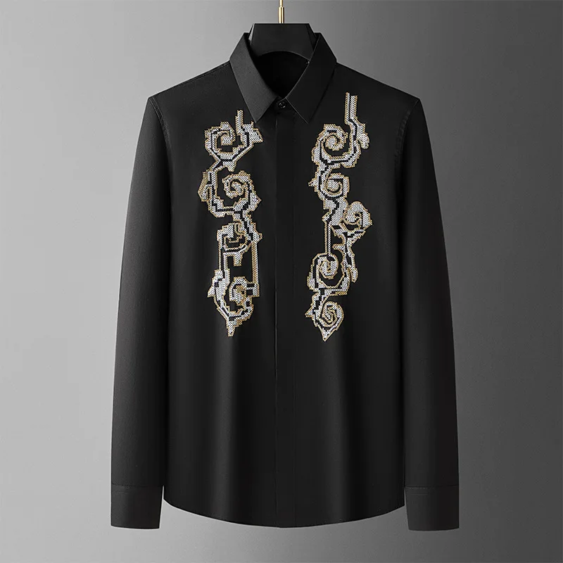 

Luxury Embroidered Long Sleeved Shirt for Men Cotton Slim Fit Casual Business Dress Shirts High Quality Social Banquet Shirts