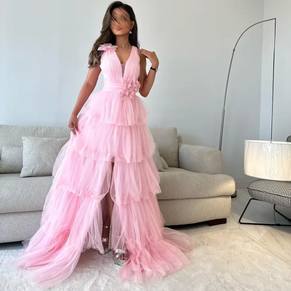 Customized high quality A-line Prom Dresses Tulle  V-neck Bespoke Occasion Gown Floor length Fold Matching Evening Dresses