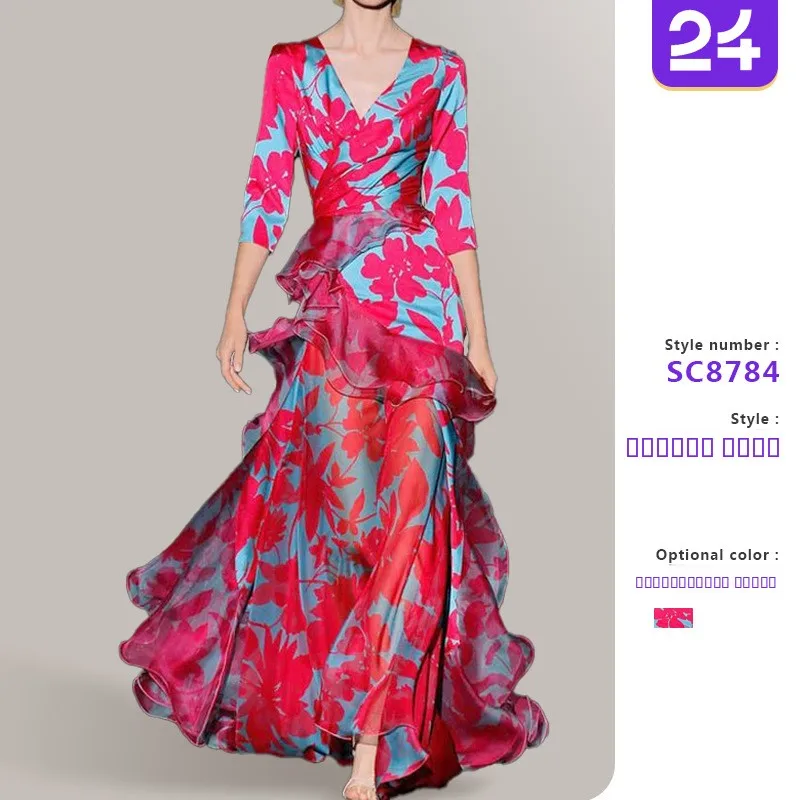 2025년 신상 슬림핏 V넥 롱 드레스 가을 패션 여성용 프린트 메이플 리프 멀티 레이어 드레스 폴리에스터 섬유 니트