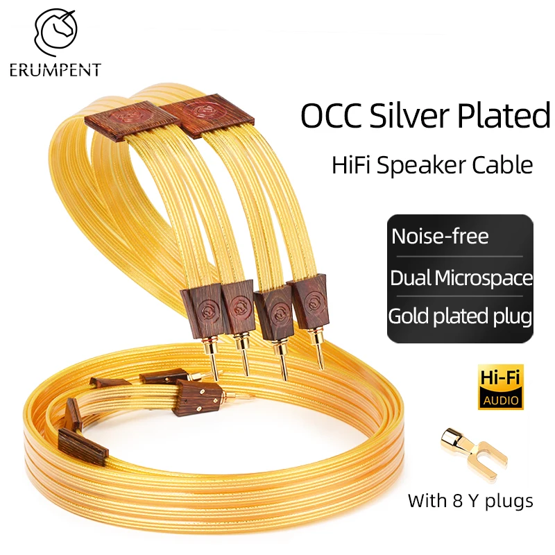 One Pair Hi-end HiFi Speaker Cable OCC Silver Plated Falt Loudspeaker Wire Banana Plug and Y Spade Plug Audio Audiophile Cable