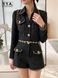 Office Ladies Elegant Black Tweed Playsuits Slim Long Sleeve Spring Single Breasted High Waist Rompers Fashion Women Jumpsuits