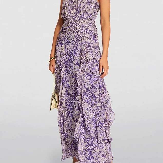 เดรสยาวผ้าชีฟองพิมพ์ลายดอกไม้สไตล์หวานสำหรับผู้หญิง ใส่ได้ทั้งฤดูใบไม้ผลิและฤดูร้อน ทรงเอเข้ารูปช่วงเอว เหมาะสำหรับงานกลางคืนหรือใส่ไปทำงาน