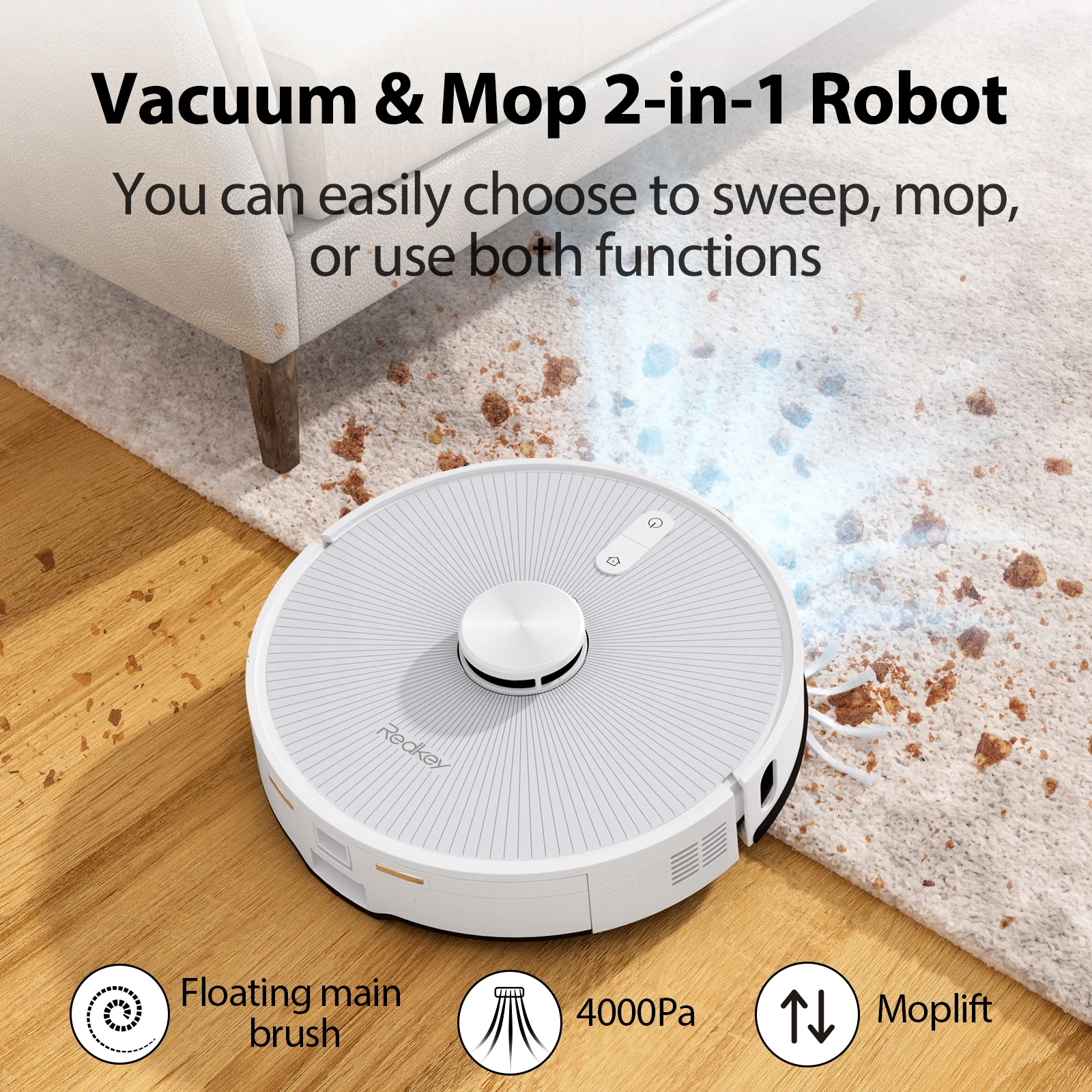 Redkey R10 Vacuum & Mop 2-in-1 Robot Vacuum Cleaner LDS 4000pa Auto Dust Collector 4L Dust Bag Capacity 18mm Obstacle Climbing