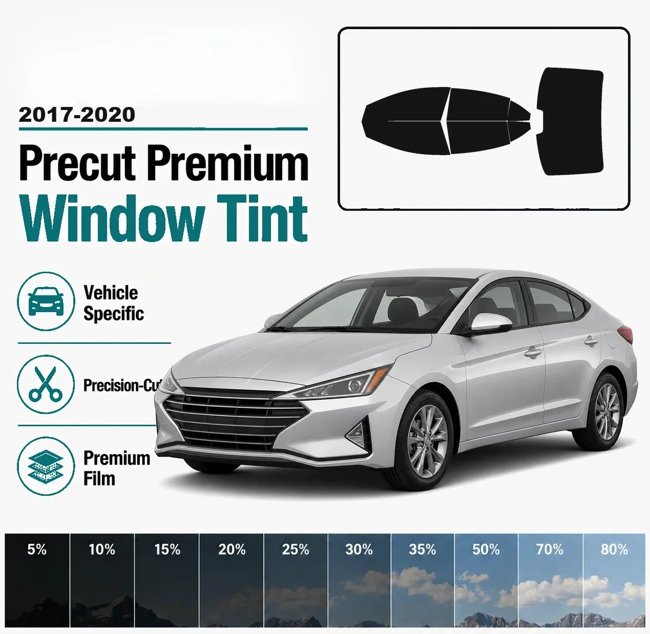 For Hyundai Elantra Sedan 2017-2020 Pre-Cut Window Tint Film Vehicle-Specific Full Kit Front & Rear Windows Precision-Cut