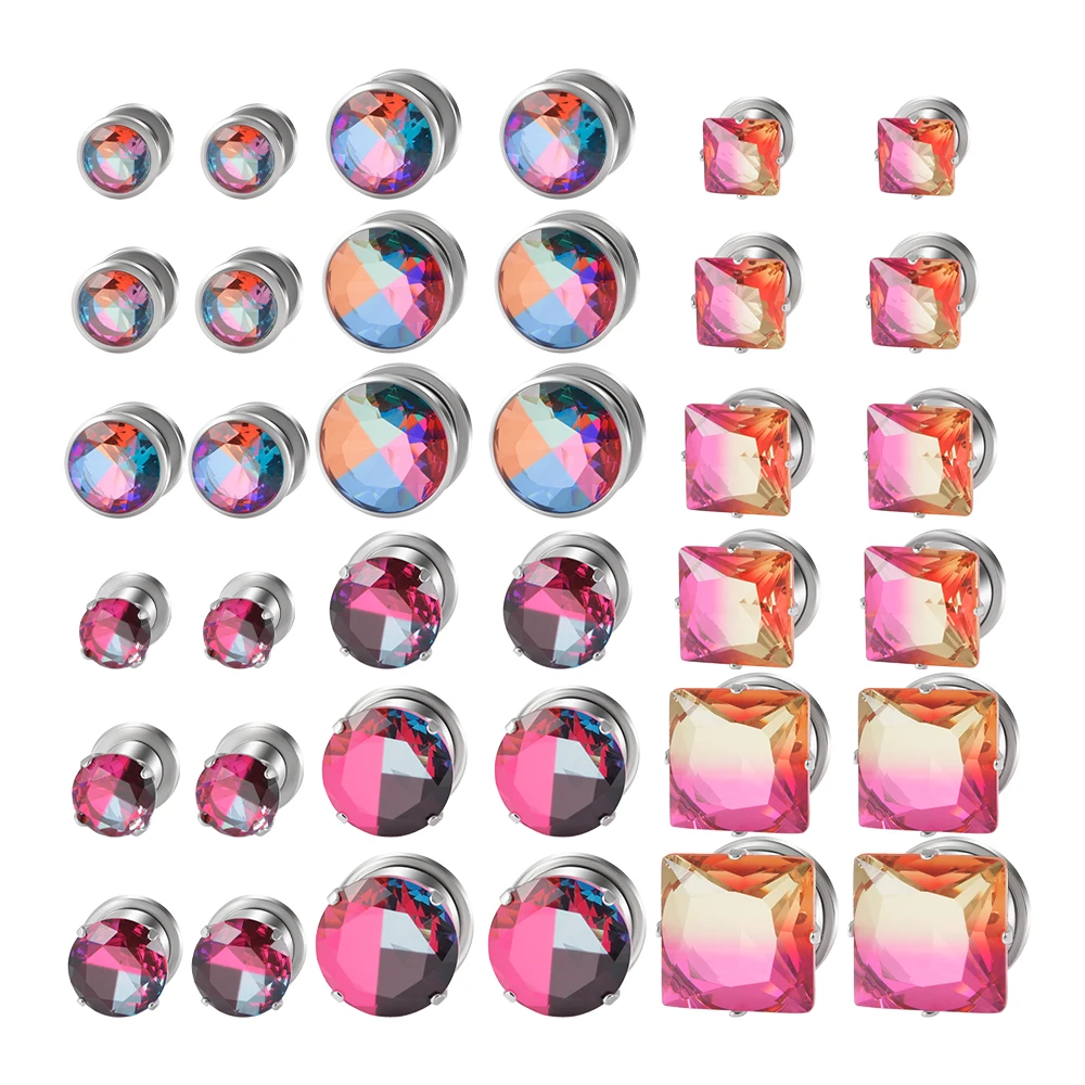 PAIR Stinless Steel Rainbow Double Flared Screw  Tunnel Plug Prong Zircon Ear Gauges Expander Piercing Jewelry 6mm-16mm
