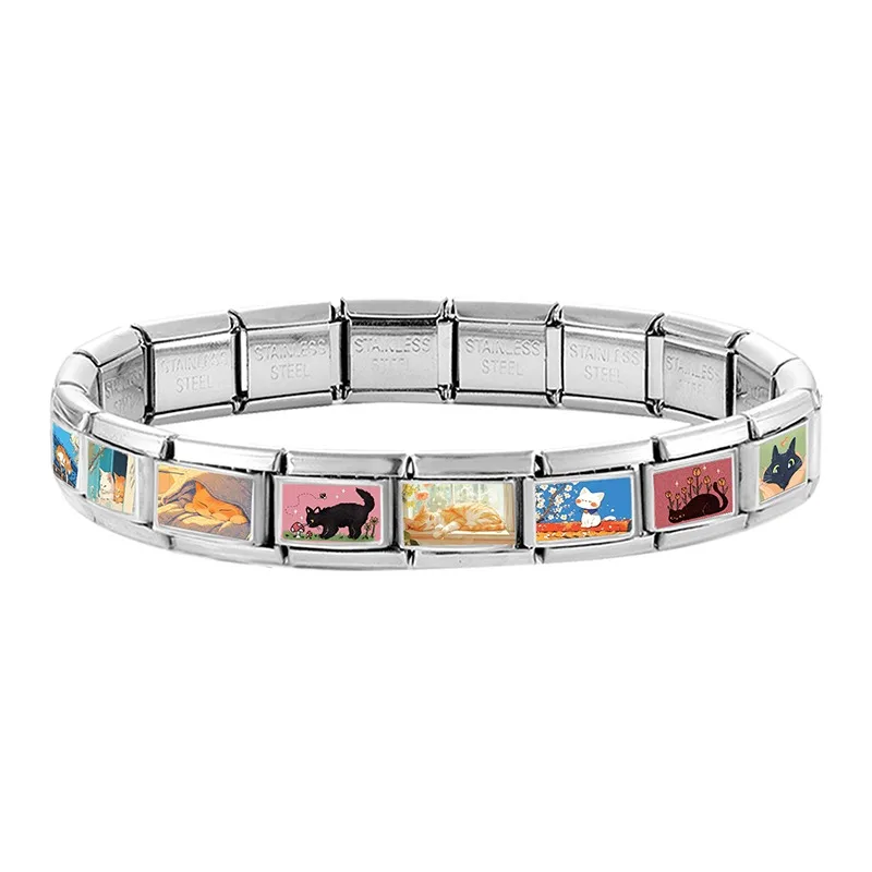 2026 New Women's Gift Cute Cat Looks at the cake Italian Charm Links Beads Fit 9mm Stainless Steel Modular Bracelet Jewelry Gift image 6