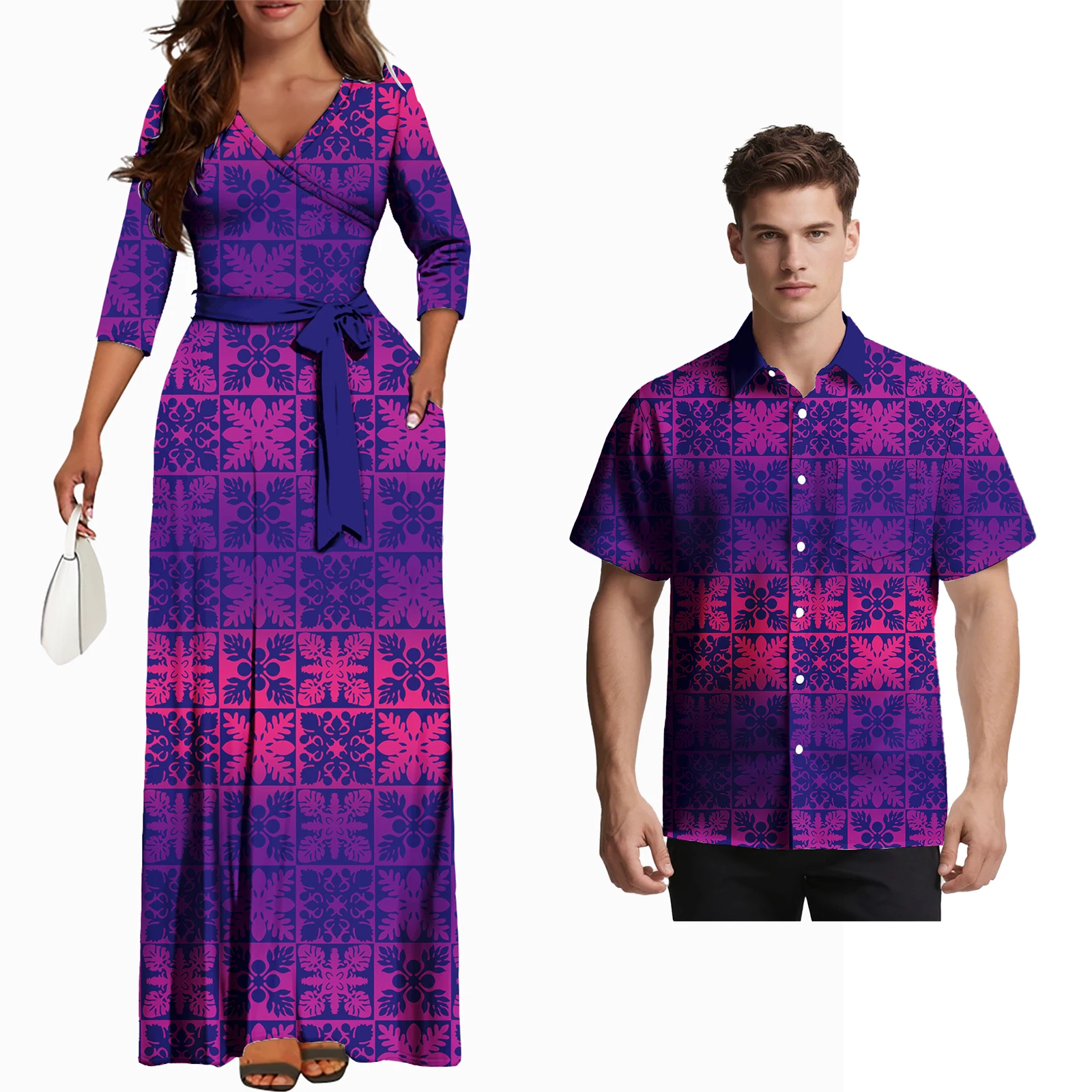 

Couple Outfits Women Samoan V-Neck Pocket Dress Polynesian Island Men Casual Shirts Hawaiian Tropical Pattern Custom Couple Suit
