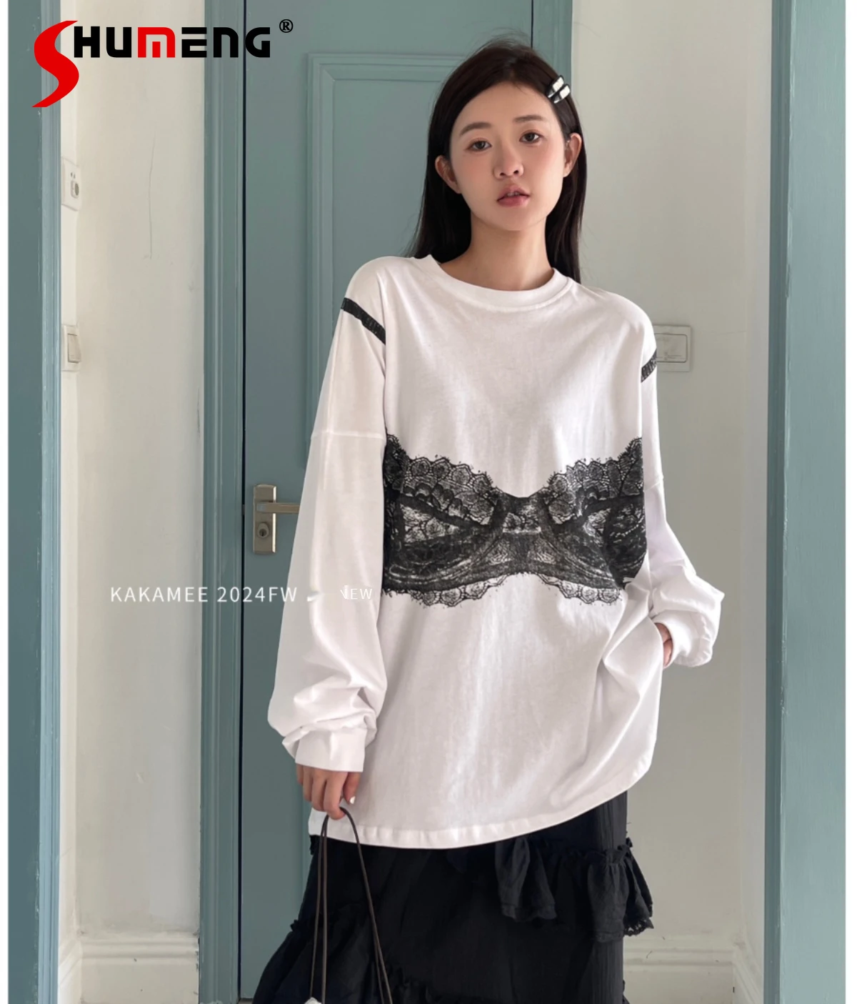 Autumn New Loose Long-sleeved T-shirt Women Hand-painted Print Casual Fashion Streetwear White Hoodies Y2k Aesthetic Clothes