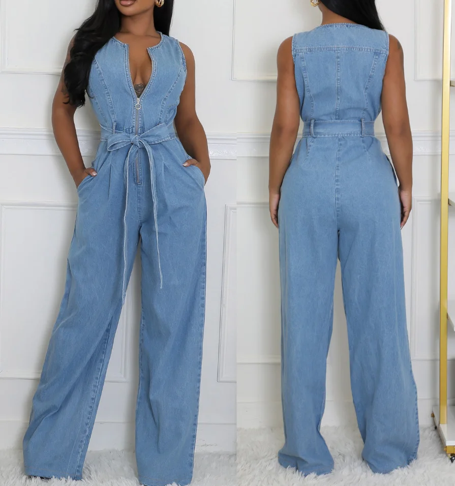 جمبسوت حريمي 2026 ربيعي جديد برقبة دائرية بدون أكمام نصف سحاب تصميم جيب عالي الخصر جمبسوت دينم مستقيم غير رسمي #1