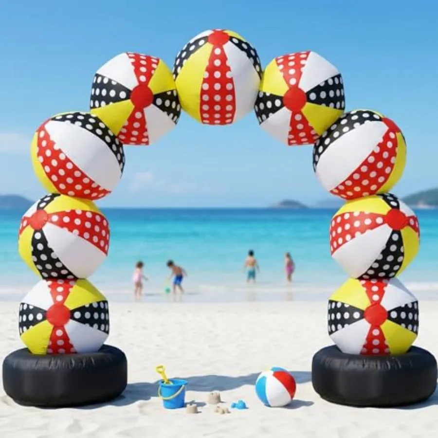 

8FT Inflatable Beach Ball Arch for pool party, beach party, birthday party entrance; PVC material, blue and white; built-in LED