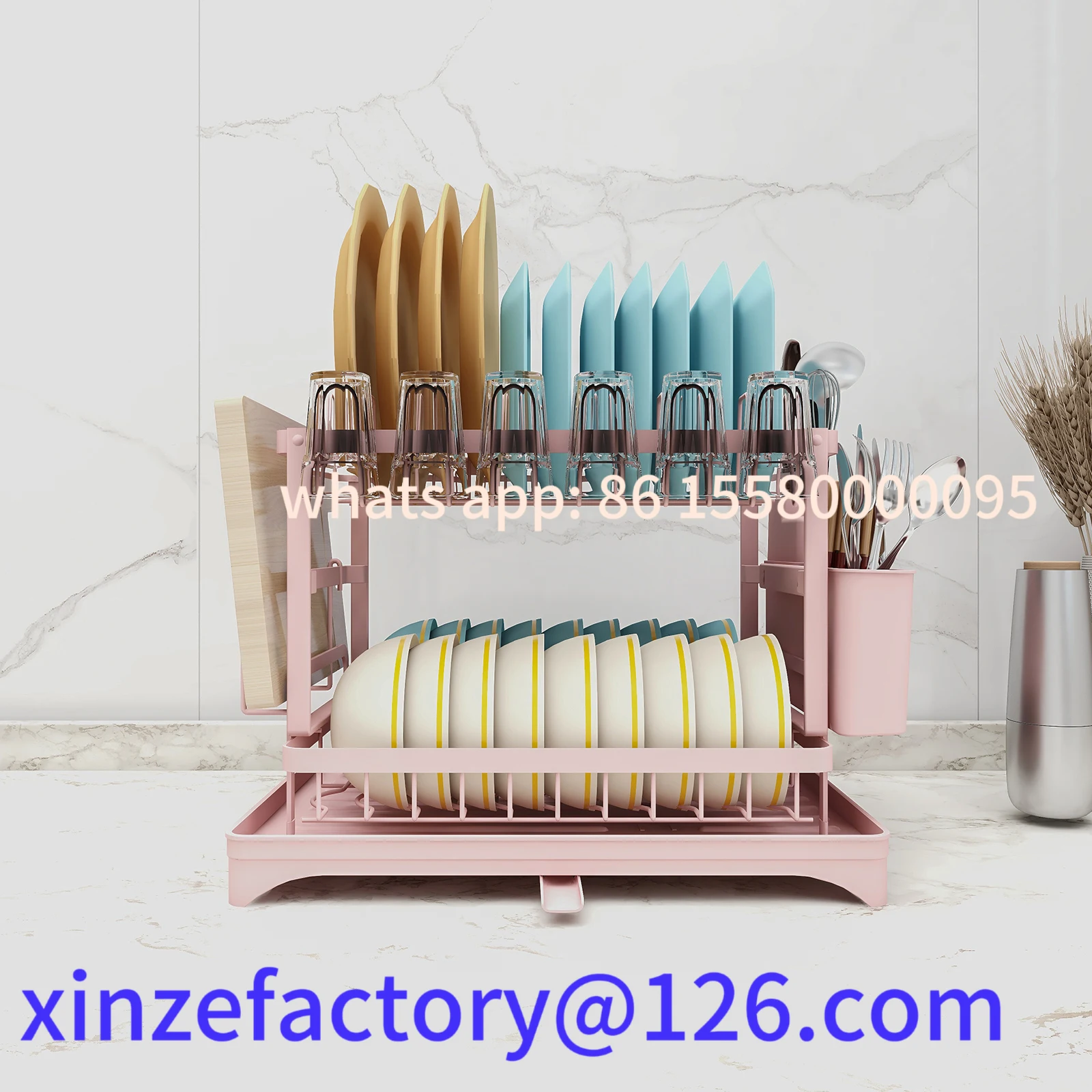 رف أطباق وردي قابل للتخصيص، رف تجفيف الأطباق من طبقتين، مع حامل للأواني ولوح القطع، مناسب لعائلة 1-4 أشخاص #6