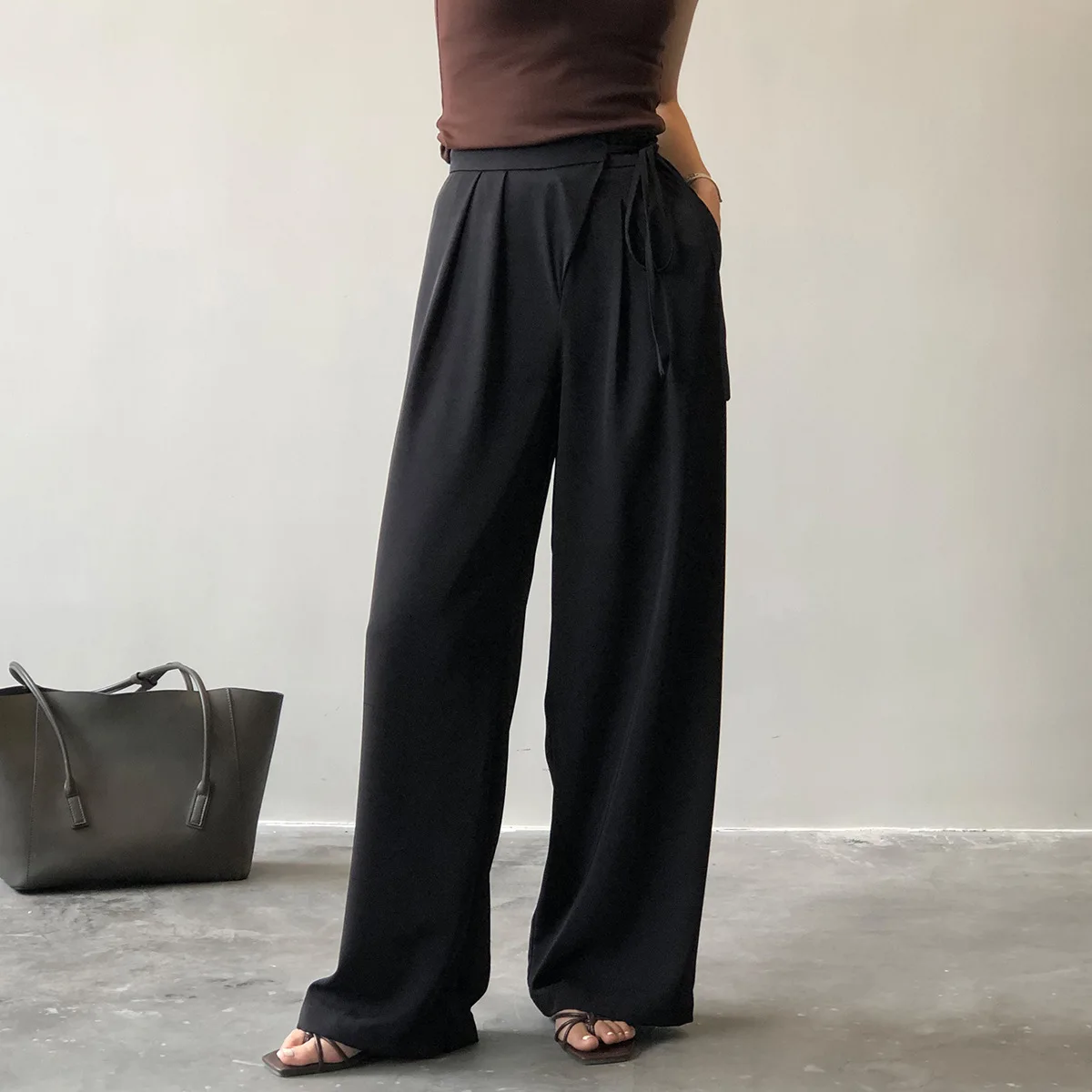 Women Clothing Solid Color Full Length Pants 2024 Spring Autumn New Niche Lacing High Waist Casual Straight Leg Wide Leg Pants