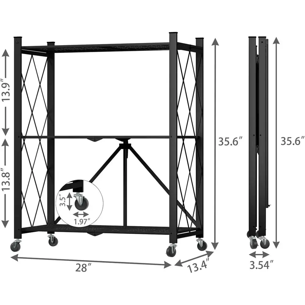 رف فولاذي قابل للطي من 3 طبقات على عجلات، سعة 550 رطلاً، رف تخزين عالي التحمل للمرآب والمطبخ والمخزن والمكتب، أسود