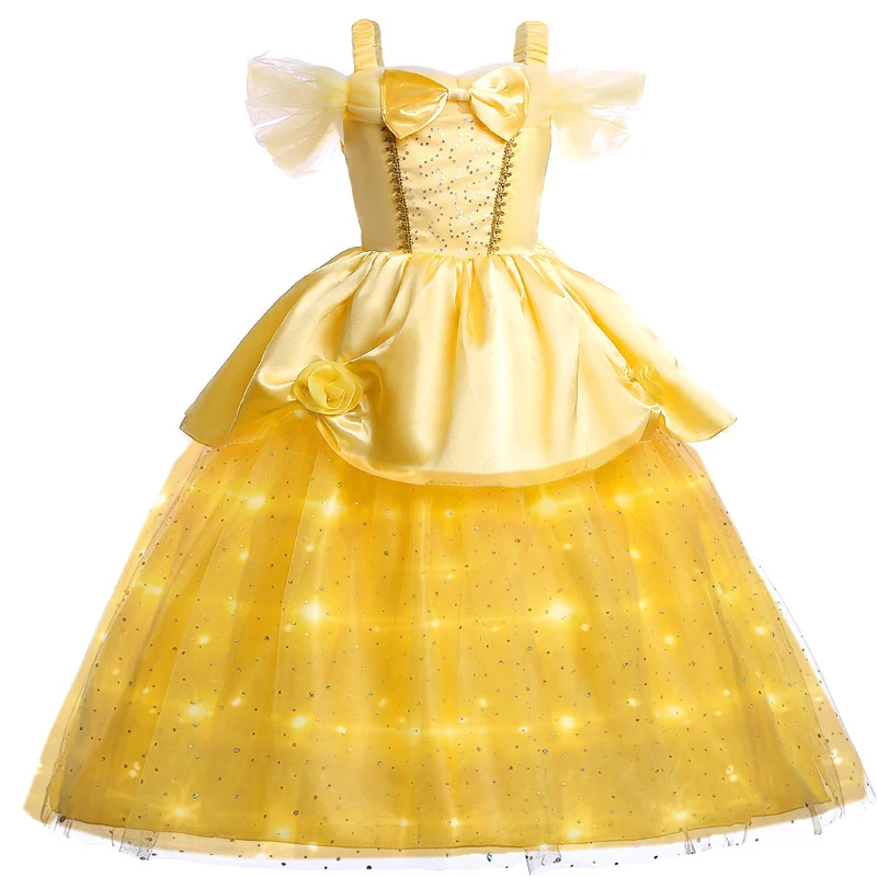 Girls Princess Belle Dressing up Costume Fancy LED Lights Dress Childs Party Outfit Birthday Holiday Pretend Role Play Clothes