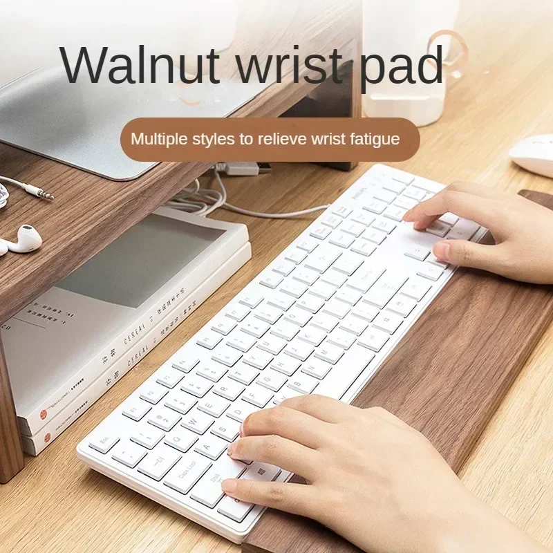 Wooden Keyboard Wrist Rest Walnut Mouse Pad Solid Mouse Pad Wrist Support Anti-Slip Base for Home Office Wrist Rest