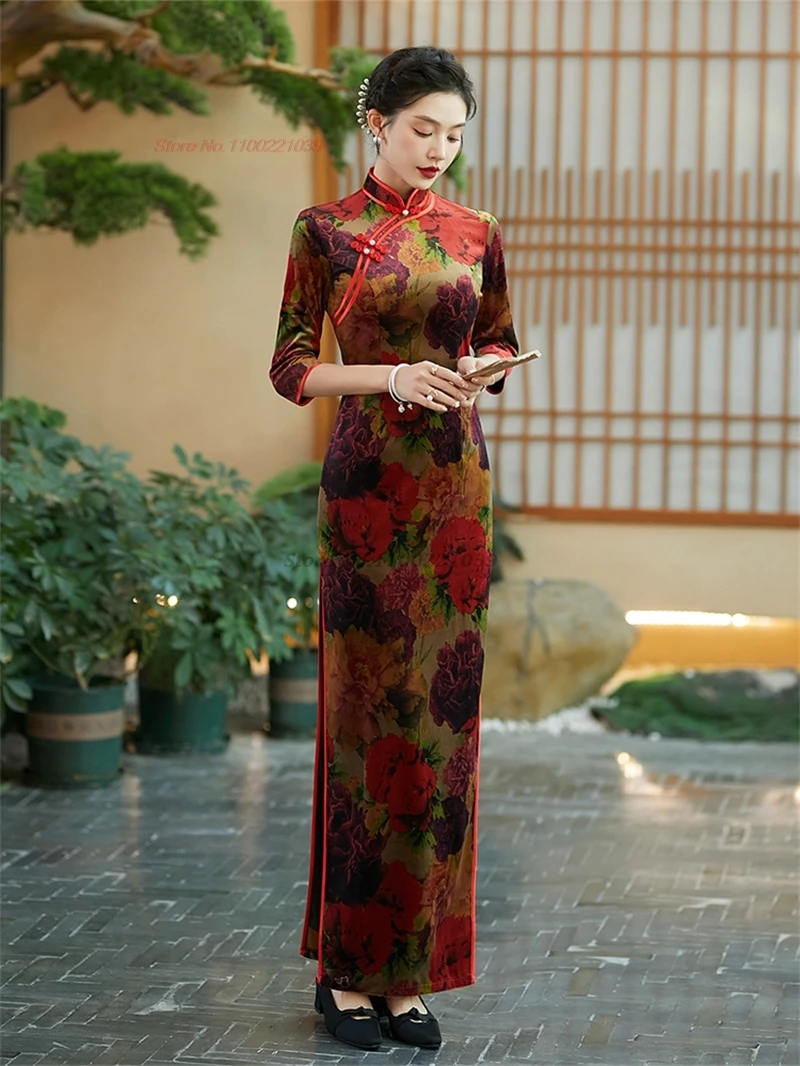 2025, nationaler Blumendruck, formelles Cheongsam, verbessertes Bühnenkleid, traditionelles Qipao-Bankett-Abendkleid, Vestido