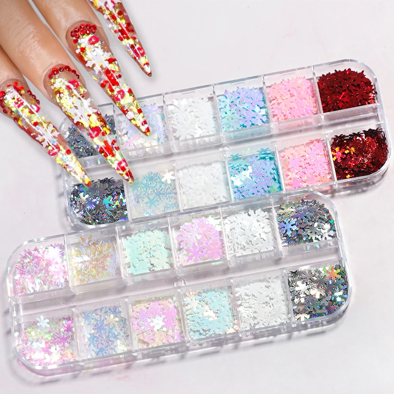 12 Grids AB Mermaid Snow Nail Art Sequins Iridescent White Flakes Maple Snow Butterfly Heart Pailliette Glitter For Nails Design