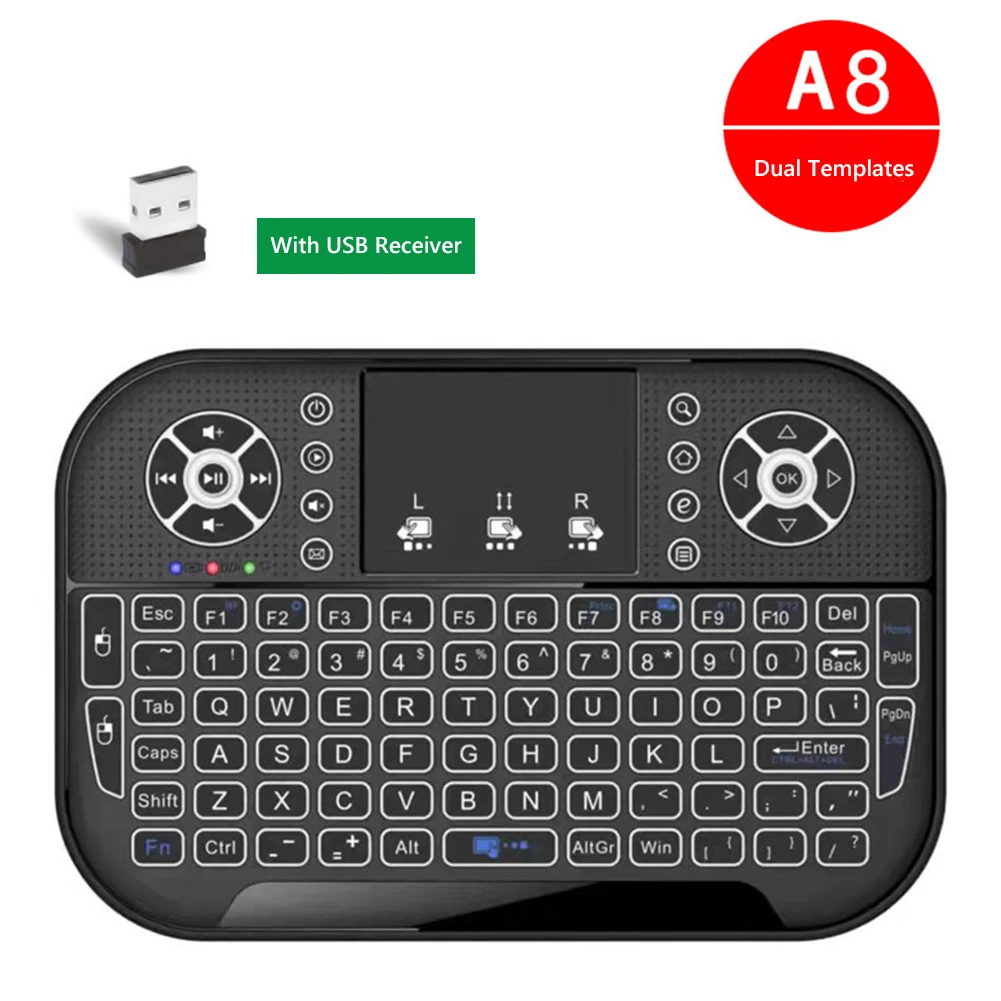 Podsvícená 2.4G vzduch myš daleký touchpad pro Android chytrý TV skříňka PC I8 mini mala bezdrátový klávesnice s USB přijímač