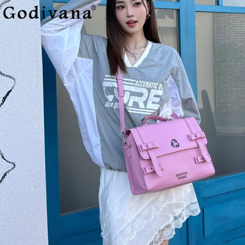 Sweet Cute Ballet Style Girl Briefcase Backpack Shoulder Crossbody Tote Bags Commuter Leather Bowknot Flip Schoolbag