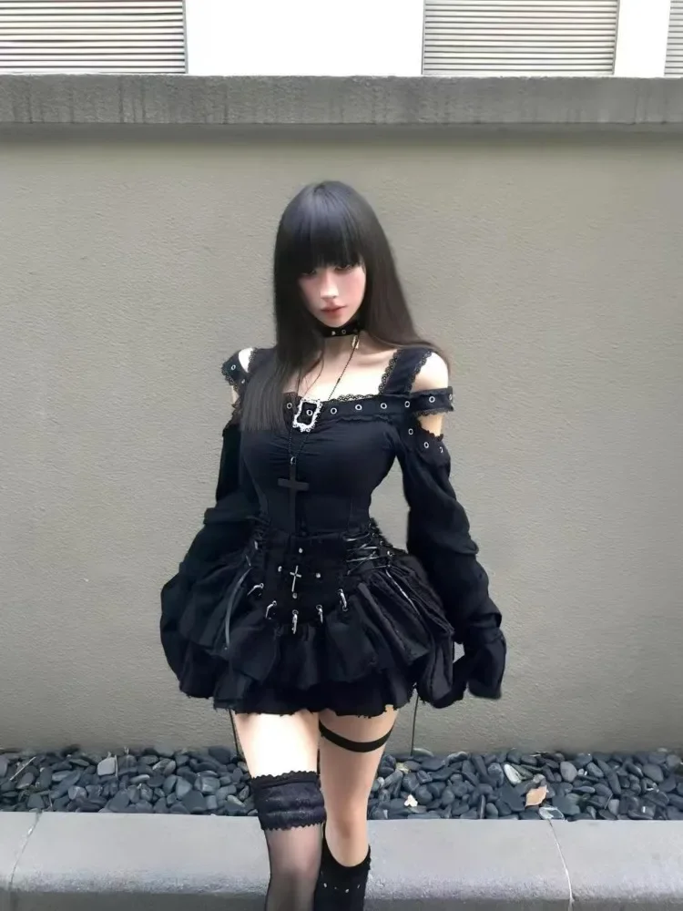 

Elegant Fashion Off Shoulder Long Sleeve Tops Women+ Heavy Lace Up Slim Waist Ruched Skirts 2025 Autumn New Two Piece Sets