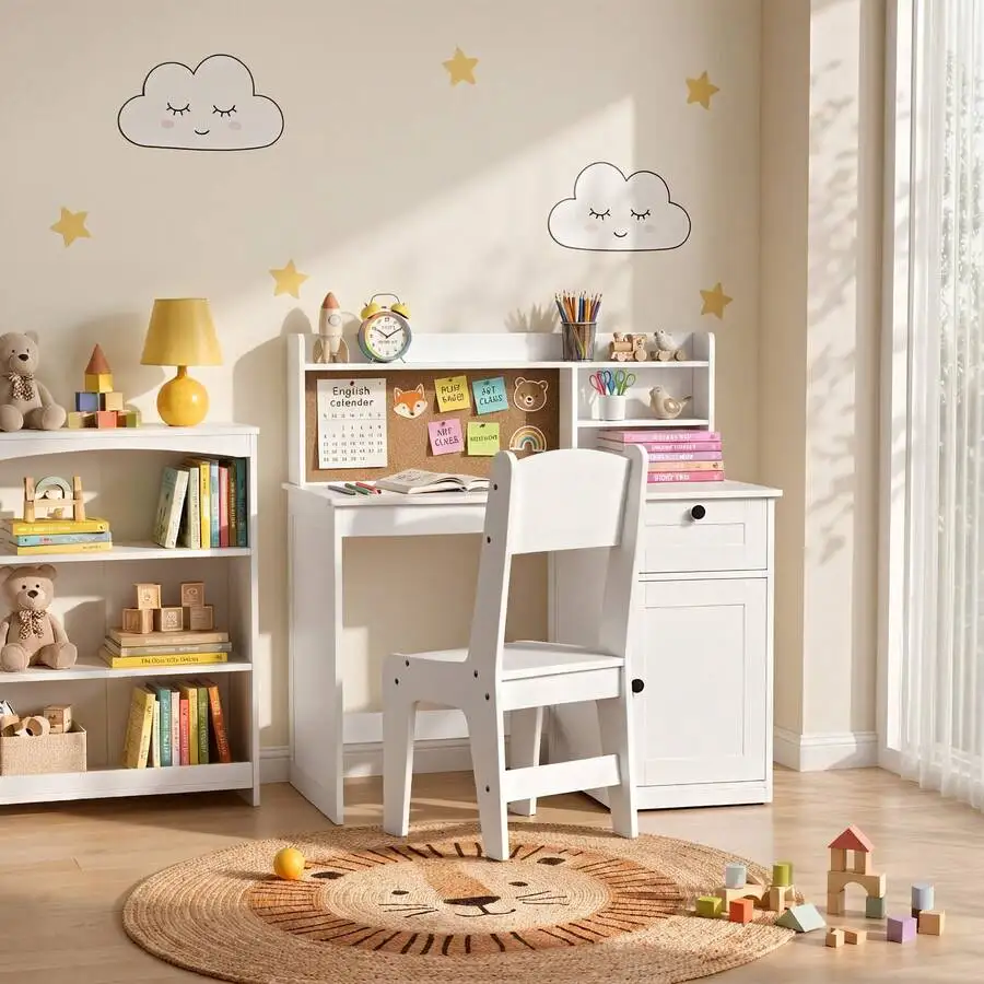 Asofer Kids Study Desk And Chair Set, Kids Study Desk With Hutch, Wooden Children Study Table With Storage Cabinet, Study Desk And Chair Set For Girls Boys,  White
