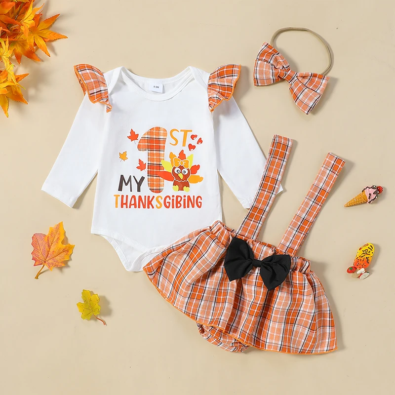 Baby Girl Thanksgiving Outfit Letter Print Long Sleeve Romper with Plaid Suspender Shorts and Bow Headband 3 Pcs Set