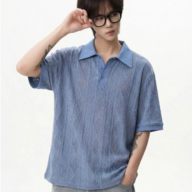 Summer Men's Fashion Knit Short Sleeve Polo Shirts American Retro Vintage Jacquard Breathable Polos T-shirt Y2K Streetwear Tops