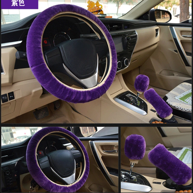 3Pcs Soft Plush Spring Steering Wheel Cover Kit With Stop Lever+Hand Brake Wool Cover Winter Warm Auto Car Interior Accessory