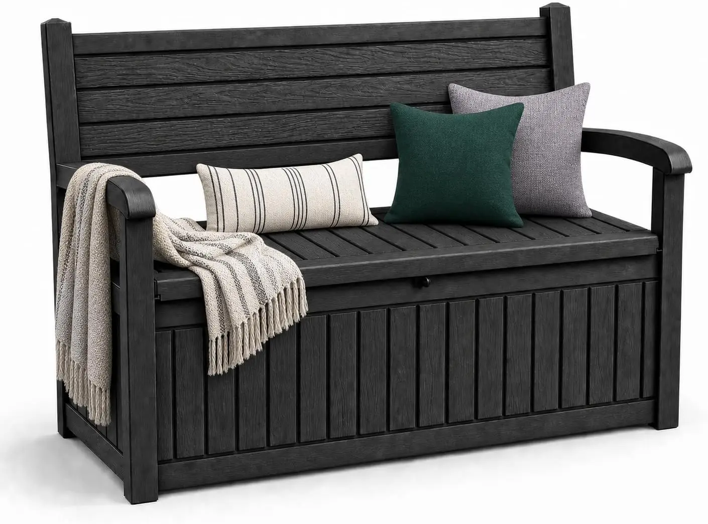 100 Gallon Wood Grain Style Outdoor Storage Bench Waterproof Lockable Deck Box Patio Furniture Container Storage Bench For Backyard Garden Porch Cushions Tools Black