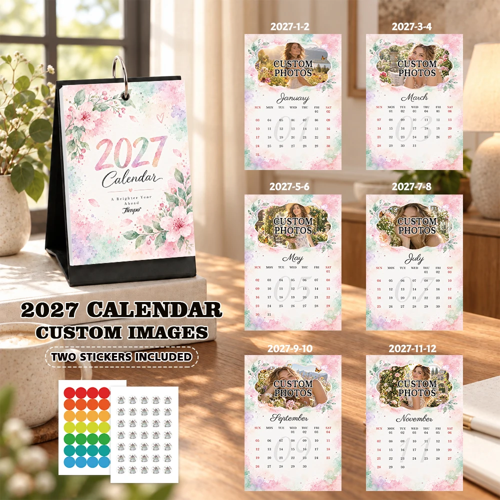 1pc 2027 Custom Photo Desk Calendar, Vintage Pink Rose Floral Table Calendar with Stickers, Birthday Christmas New Year Gift