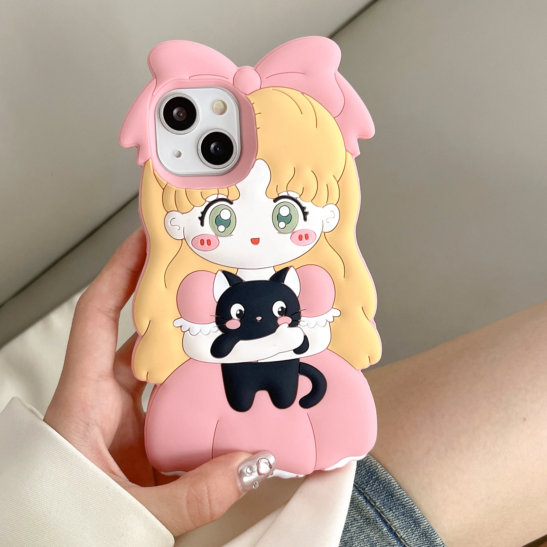 Kawaii Cartoon Cat Girl Phone Case For iPhone 15 11 12 13 14 Pro Max Protective Cover Silicone Shockproof Cases Cute Funda Women