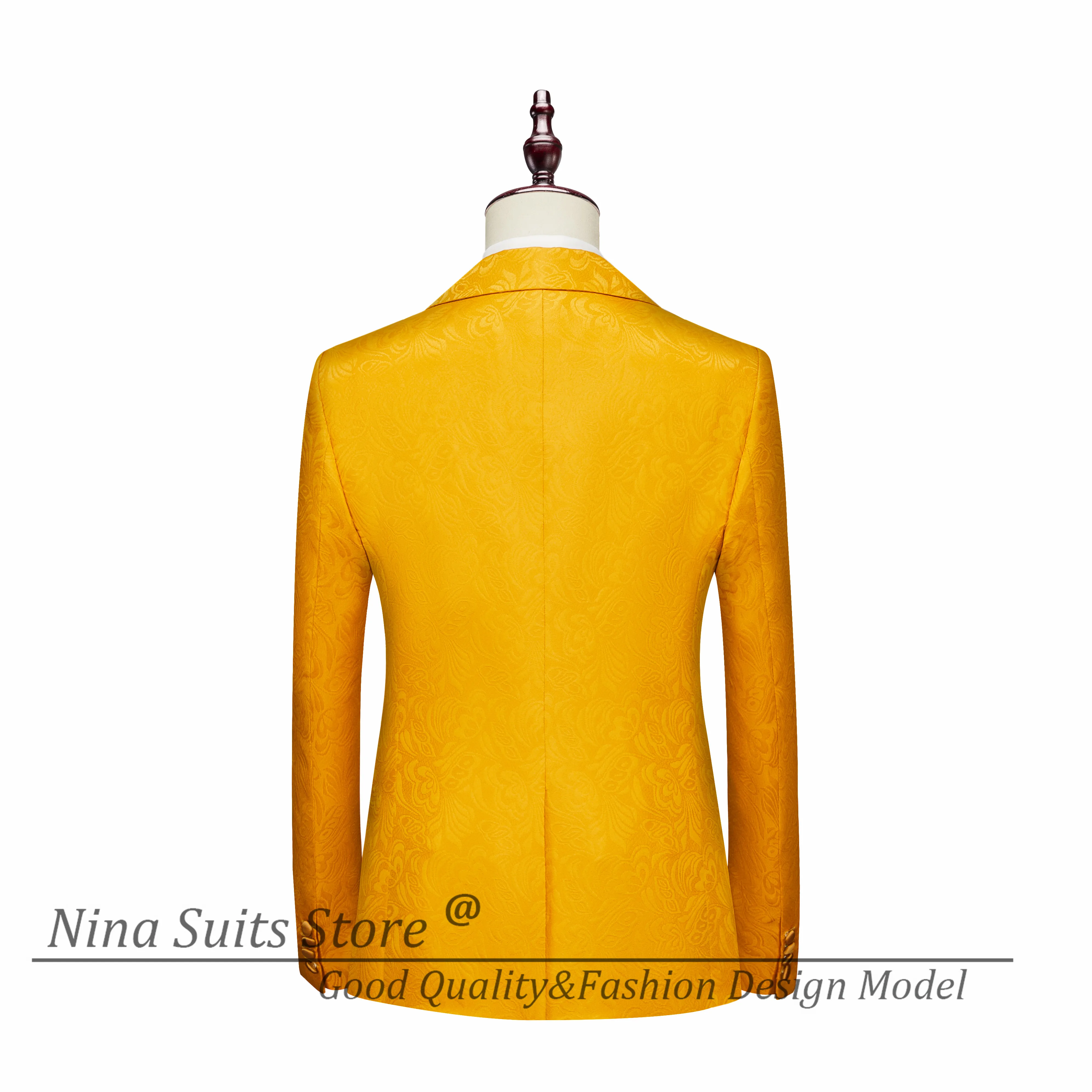 Gwenhwyfar 2027 Orange Jacquard Men Suits Tailor-made Single Brested Notch lapel Blazer 5 buttons Vest Slim Pants Groom Costume