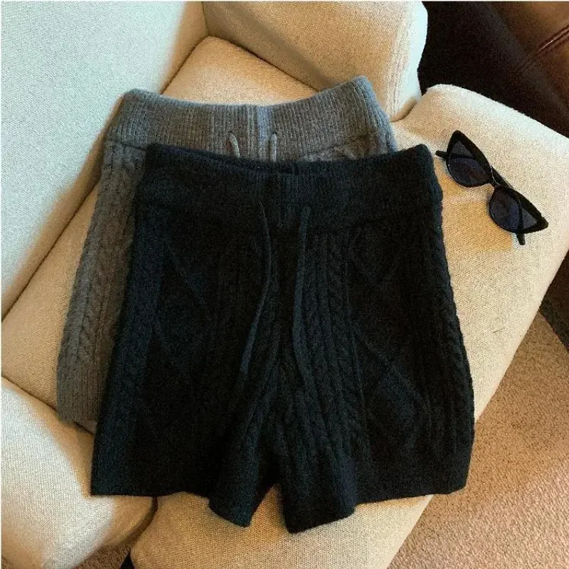 

Модные повседневные теплые вязаные шорты с высокой талией на шнурке, черные женские брюки Cortos De Mujer, осень в стиле Харадзюку
