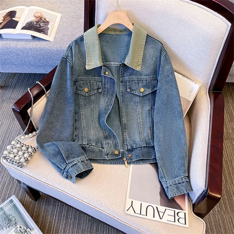 

Винтажная джинсовая куртка контрастного цвета с лацканами, женская осенняя синяя повседневная короткая ковбойская куртка на молнии с длинными рукавами, джинсовые куртки, уличная одежда