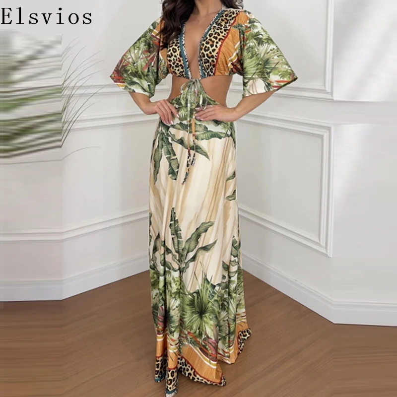 Summer Elegant Ladies V Neck Party Dress Fashion Half Sleeved Pleated Beach Dresses Vintage Pattern Printed Waist Long Dress