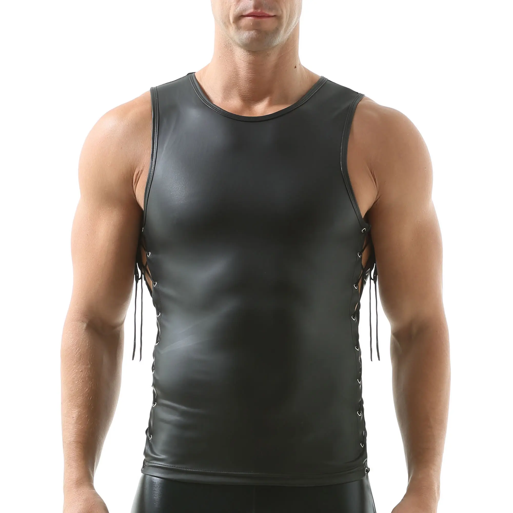 Men Solid Color Slim Stretchy Tank Tops Sexy Side Hollow Out Lace-up Muscle Vest Faux Leather Fitness Sleeveless Shirts Clubwear