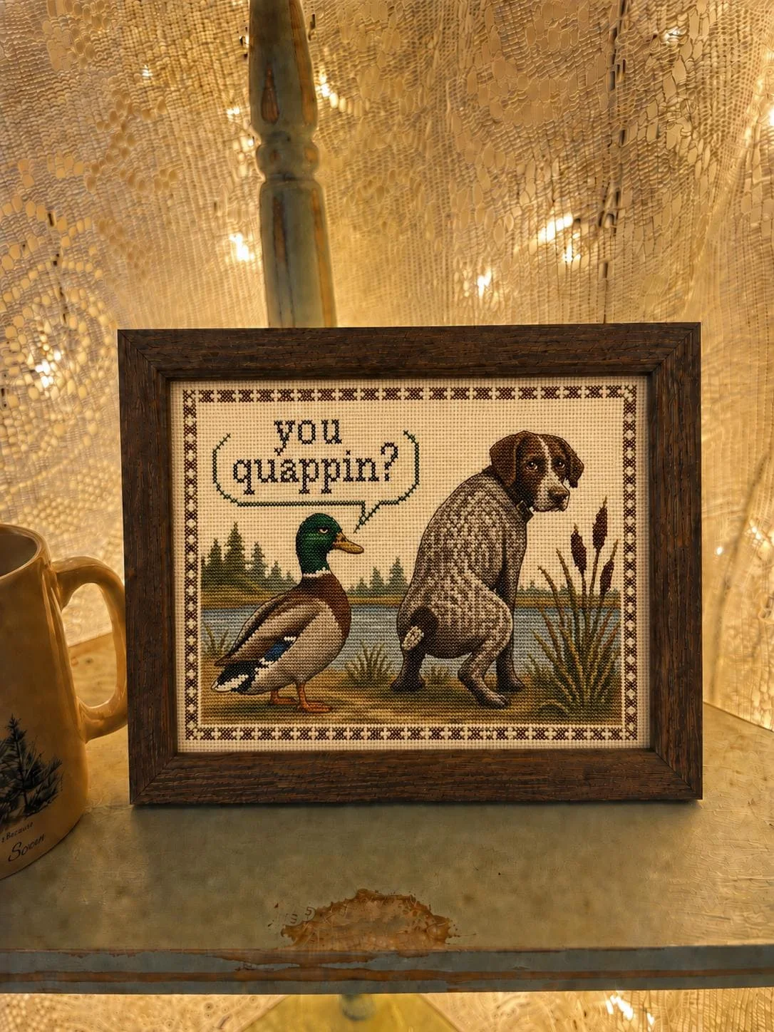 Funny Hunting Dog Duck Wall Art Poster You Quappin Vintage Cross Stitch Style Print Labrador Pointer Farmhouse Home Decor Gift