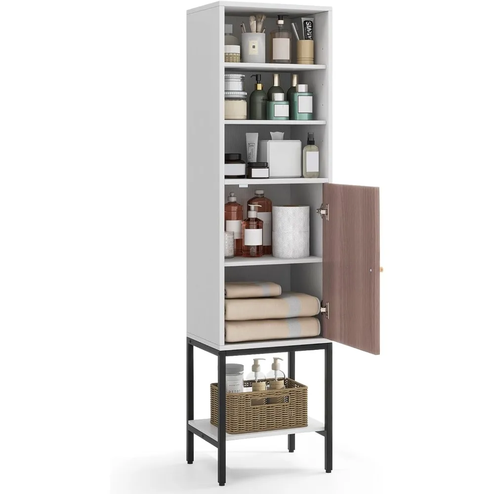 

Высокий шкаф для хранения вещей в ванной комнате с 1 дверцей и 4 полками, узкий напольный шкаф 57 ч с регулируемыми полками