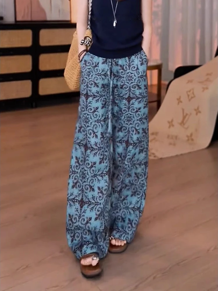 Pantaloni casual a gamba larga con gamba dritta stampata in stile europeo con lacci a vita alta, nuovi pantaloni estivi larghi e dimagranti
