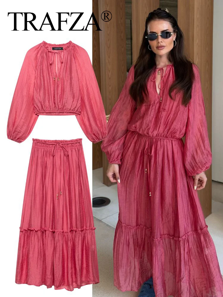 

TRAFZA 2025 Summer Women Red Folds Shirt Skirts Sets Lace Up Long Sleeves Shirts+High Waist Pleated Skirt Fashion Lady Outfits