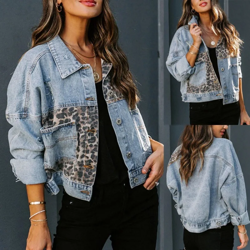 Women's Autumn  Winter Trendy Denim Jacket Long-sleeved Denim Pocket Jacket Women's Leopard Print Stitching Denim Hip-hop Jacket