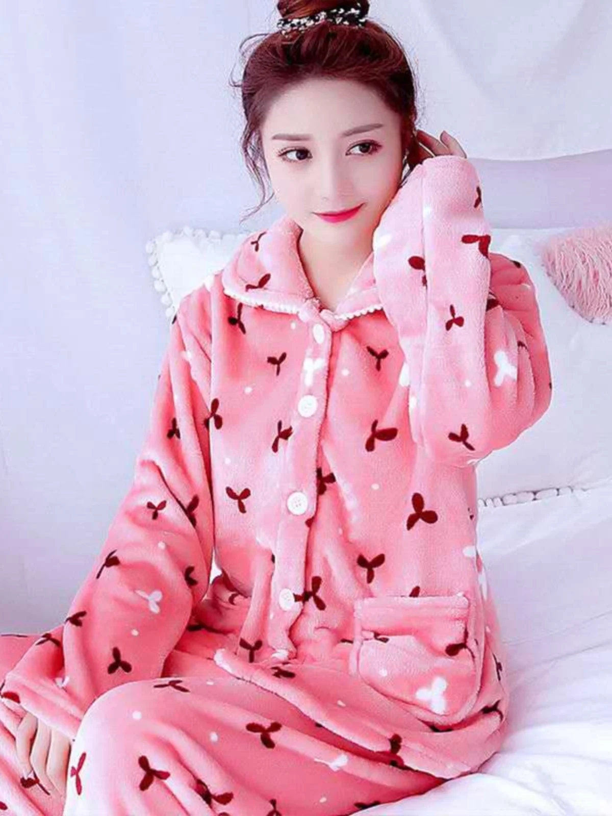 Thickened Coral Fleece Sleepwear Women's Autumn Winter Warm Home Clothes Korean Style Outwear Two-Piece Set Long Sleeve Pajamas