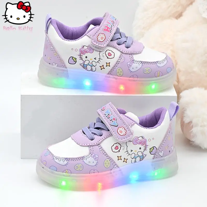 

Кожаные электрические кроссовки Hellokitty для девочек Kawaii с героями мультфильмов, аниме, мягкая подошва, весенне-осенняя новая обувь для папы, модная удобная обувь Sanrio