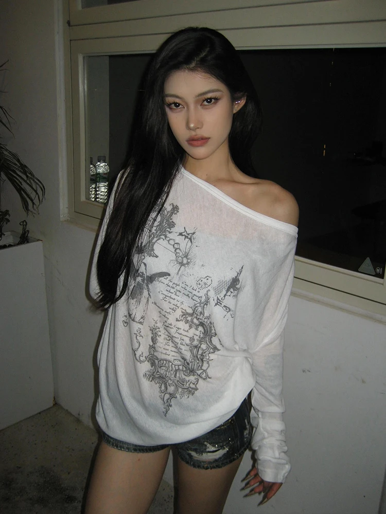 Y2k Emo Women Korean Streetwear Long Sleeve Acubi T-shirts Graphic Tees Print Tshirt Transparent Oversize Top 2000s Alt Clothes