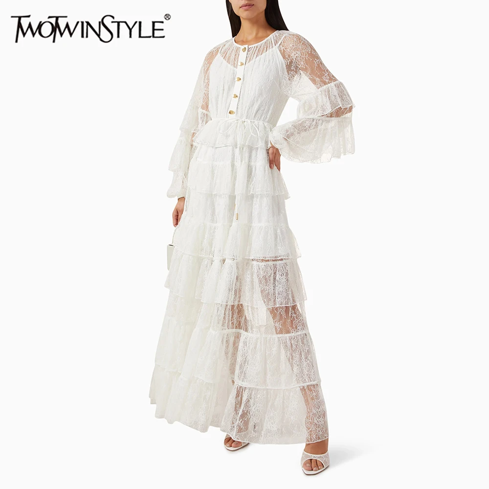 

TWOTWINSTYLE Solid Loose Spliced Lace Midi Dresses for Women Round Neck Long Sleeves Patchwork Ruffles Fold Dress Female Clothes