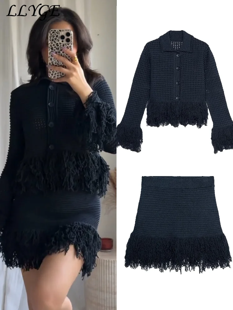 Knit Tassel Cardigans Mini Skirt Set Women Hollow Out Single-breasted Cardigan Short A-line Skirts 2025 Spring Lady Chic Outfits